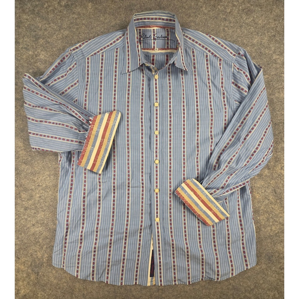 Robert Graham Mens XL Blue Striped Floral Embroidered Flip Cuff Shirt Button